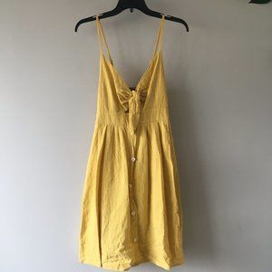 FANCYINN Yellow Tie Front Button Down Spaghetti Strap Midi Dress Summer